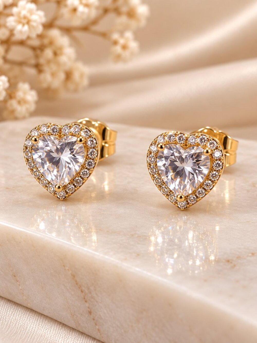 Gold Heart Stud Earrings with Sparkling CZ Halo- NEW 🌟